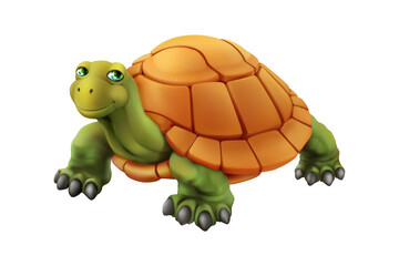 Cute green cartoon turtle walking forward with a smile, happy and friendly character mascot, 3D render illustration isolated on transparent background.