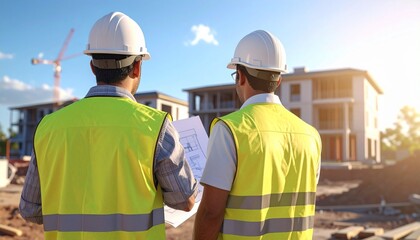 Two male engineers or construction workers looking at blueprint plans at a housing construction site in the sunlight.&nbsp;Concept of project supervision, teamwork and modern architecture.k