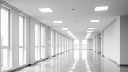 Obraz premium A long empty white corridor with windows and fluorescent lighting
