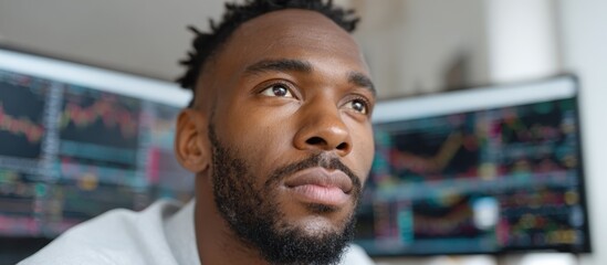Black Male Entrepreneur Analyzing Stock Market Trends on Dual Monitors