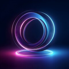 Abstract futuristic neon light rings floating on a dark blue background 4