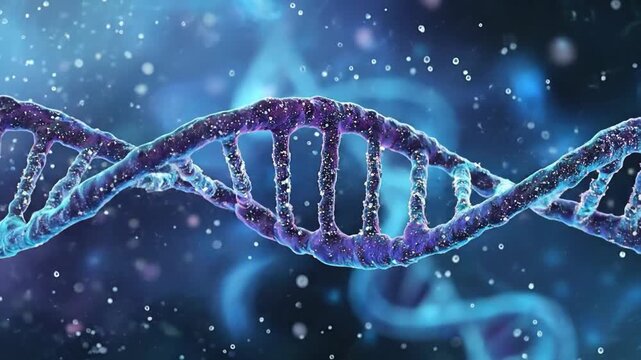 Close-up of glowing DNA double helix molecular structure in blue light.