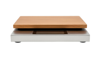 Isolated scale with wood platform and metal base for home cooking and meal planning diet