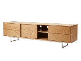 Isolated Scandinavian-design light-wood TV stand with sliding doors and metal legs on display