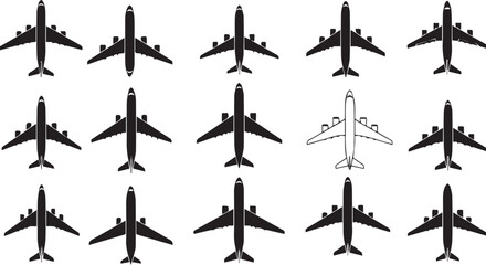 Collection of airplane silhouettes in various styles and angles