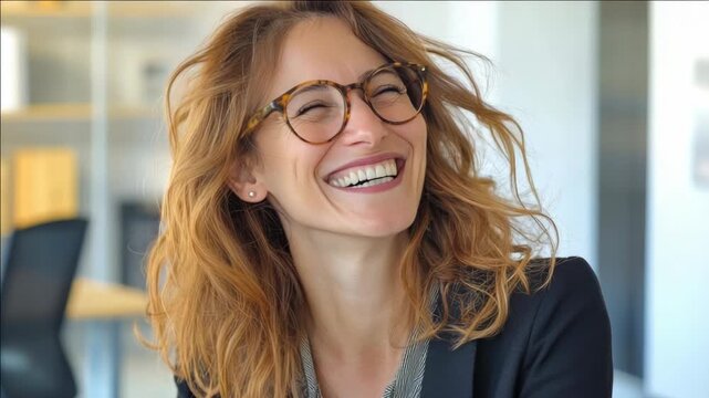 A smiling woman wearing eyeglasses and laughing heartily while seated at a desk. She has red hair, is casually dressed, and appears to be enjoying an amusing moment.