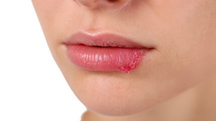 Naklejka premium Herpes simplex virus type 1 is causing a painful cold sore on a woman's lip, isolated on a transparent background, ideal for health and medical related projects