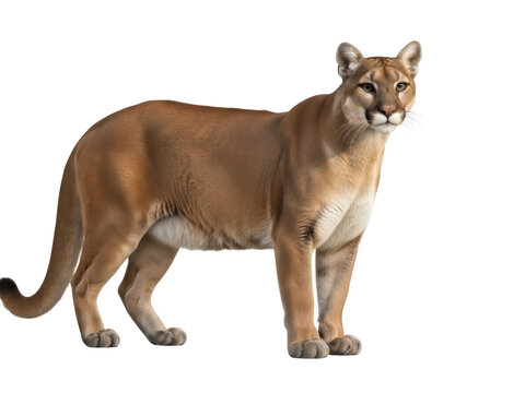 Isolated American cougar standing quietly looking into distance with watchful expression