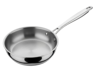 Isolated stainless steel frying pan in studio lighting, modern kitchen utensil, cookware