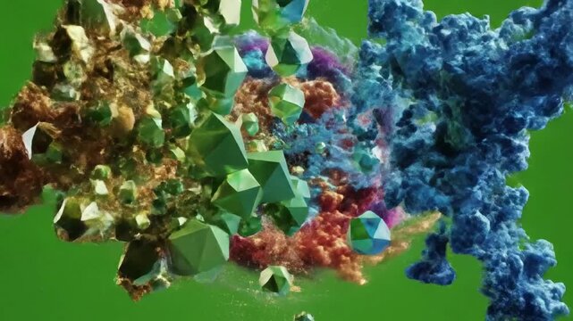 Polymerization Reaction with abstract polygon rotating, pure chroma effect ad_ready green screen polygonal formation style featuring