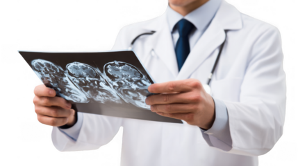 Female doctor wearing a white coat and stethoscope is thoughtfully reviewing a medical scan against a transparent background, suggesting a focus on diagnostics and healthcare