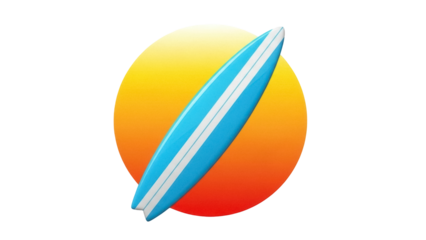 Isolated blue surfboard with white stripes in front of a yellow gradient circle, cartoon