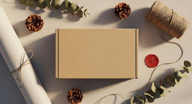 Rustic Product Presentation Box Mockup with Pine Cone and Eucalyptus Decoration
