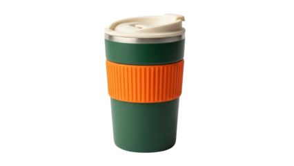 Isolated insulated tumbler with orange grip sleeve and flip-top lid for hot and cold drinks