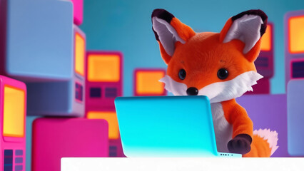 Cute 3D Fox Character Using Laptop, Colorful Digital Workspace Illustration