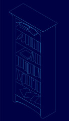 An old bookshelf with a clean contour holds neatly arranged books against a deep blue background. The modern design creates a sleek and sophisticated library aesthetic.