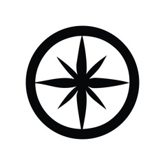 A simple black and white starburst compass rose symbol within a circular frame, representing direction and guidance