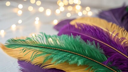 Vibrant Purple, Green, and Gold Feathers with Festive Bokeh Lights - 9