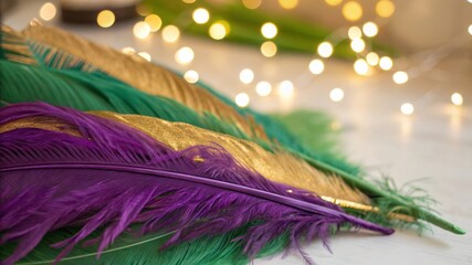 Vibrant Purple, Green, and Gold Feathers with Festive Bokeh Lights - 8