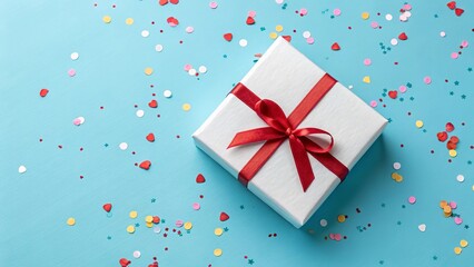 White Gift Box with Red Ribbon and Confetti on Blue Background - 7