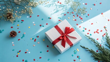 White Gift Box with Red Ribbon and Confetti on Blue Background - 6