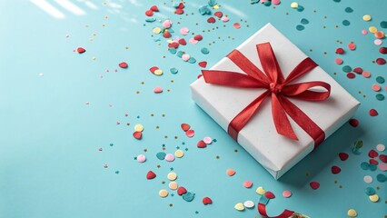 White Gift Box with Red Ribbon and Confetti on Blue Background - 3