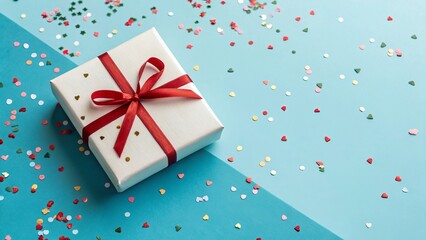 White Gift Box with Red Ribbon and Confetti on Blue Background - 2