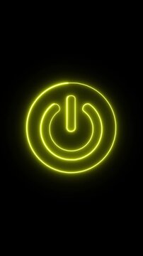 Neon power button icon on black background, glowing yellow circular symbol