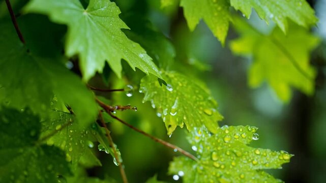 Green leaves with water droplets after rain, nature and freshness concept, close-up macro shot, natural foliage detail, serene outdoor scene, botanical photography, vibrant greenery