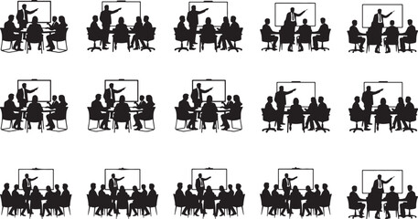Black silhouettes of people in a meeting with a presenter and a whiteboard
