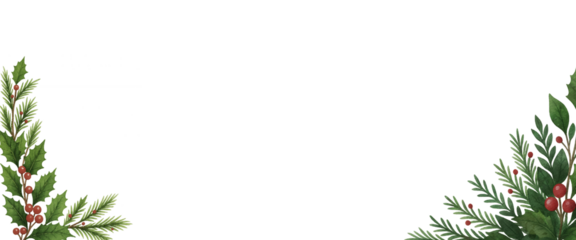 Seasonal botanical border featuring green leaves and red berries on a crisp white backdrop on a transparent background