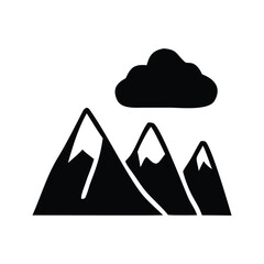 A stylized minimalist black and white illustration depicting three snow-capped mountain peaks under a solitary cloud