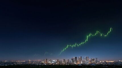 Night Skyline with Upward Trend Graph Overlay Displaying Economic Growth in a Modern Cityscape Under Starry Sky
