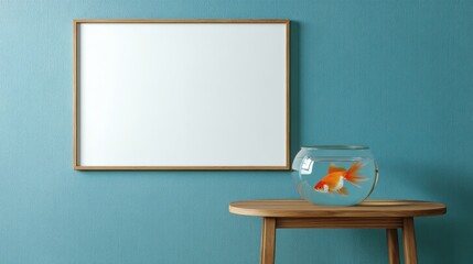 Goldfish in Bowl on Table with Blank Frame