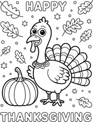 Happy Thanksgiving coloring page with turkey and pumpkin outline Keywords: thanksgiving, turkey, pumpkin, autumn, fall, leaves