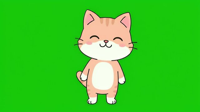 Cute cartoon ginger cat standing on green screen background.