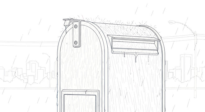 Mailbox on a rainy city street line art illustration