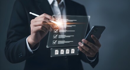 Businessman checking off items on a digital futuristic checklist interface with a stylus and smartphone