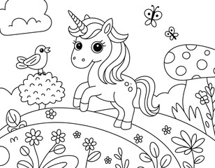 Outline drawing of a cute unicorn with butterflies, bird, mushrooms, and flowers coloring book