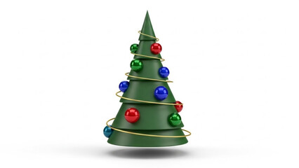 Stylized Christmas Tree Decorated with Red Green Blue Ornaments and Gold Garland Isolated on White 3D Render