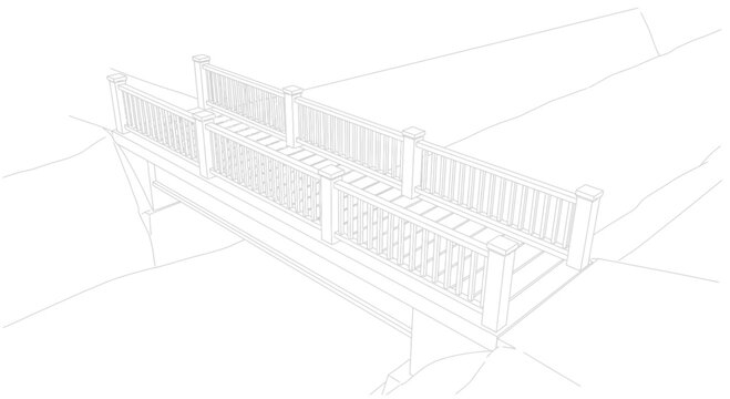 Architectural wireframe drawing of a modern pedestrian bridge design.