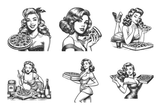 women enjoying, cooking, serving, and eating pizza Set collection bundle sketch engraving generative ai vector illustration. Scratch board imitation. Black and white image.