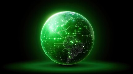 Futuristic Green Globe with Digital Connections Representing Global Technology, Networking, and Innovation in a Vibrant Display of Lights