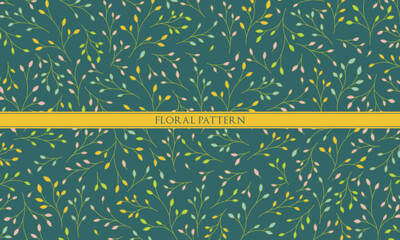Seamless Floral Pattern with Colorful Leaves and Branches on Dark Teal Background