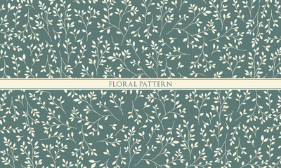 Vintage Botanical Seamless Pattern with Cream Leaves on Dark Teal Background