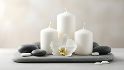 Minimal still life of candles and stones, spa and relaxation concept