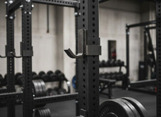 Power Rack with Barbell Hooks and Weight Plates in Gym