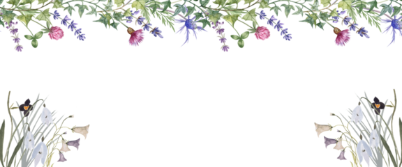 Delicate Botanical Frame Watercolor Garland  Whispy Corner Florals on Pure White on a transparent background