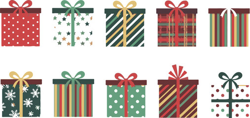 Fototapeta premium Assortment of Ten Festive Christmas Gift Boxes with Various Patterns Keywords: Christmas, gifts, presents, holiday, festive, celebration, wrapping