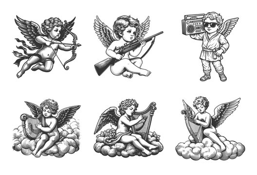 cherub angels with bows, rifles, harps, and even a boombox mixing classical charm with modern humor Set collection bundle sketch engraving generative ai vector illustration. Black and white image.